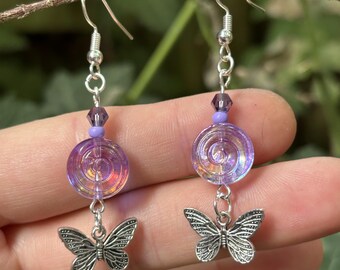 Purple Butterfly Spiral Earrings - Sterling Silver 925 Czech Glass Swirl Jewellery - y2k Fairycore Gift