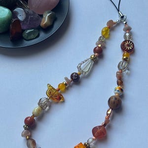 Healing Crystal Phone Charm - Beaded Wrist Strap/Wristlet - Custom Gemstone Gift Sunstone - Orange
