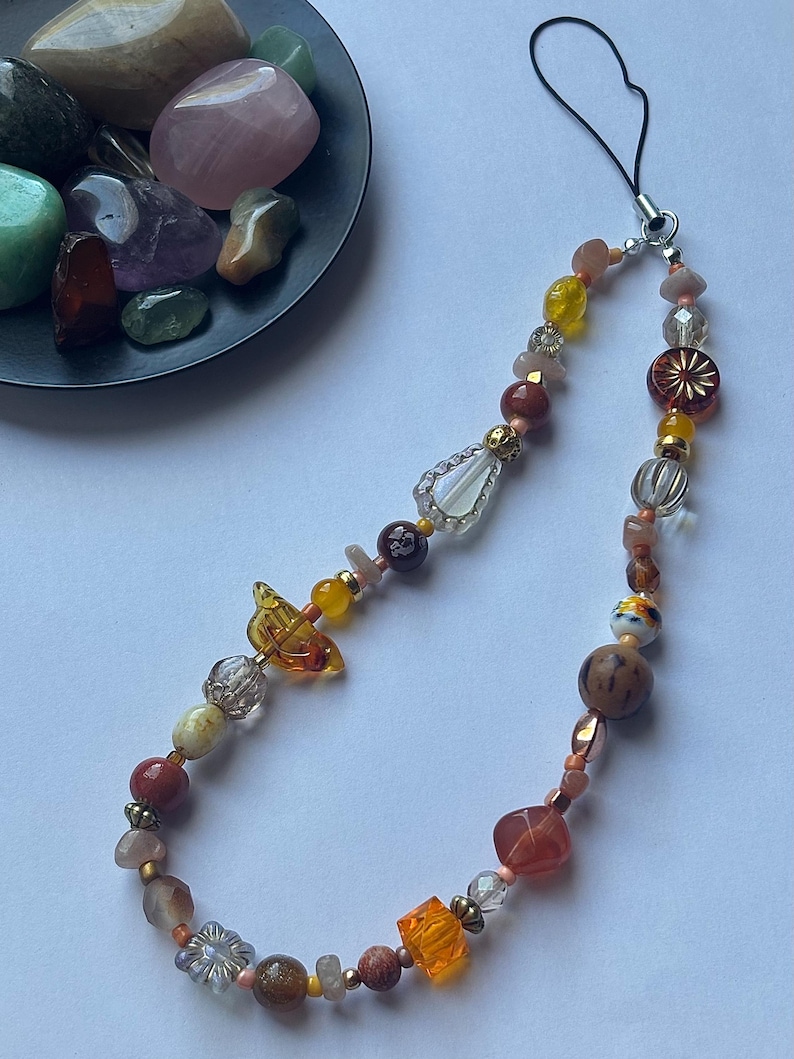 Healing Crystal Phone Charm - Beaded Wrist Strap/Wristlet - Custom Gemstone Gift Sunstone - Orange