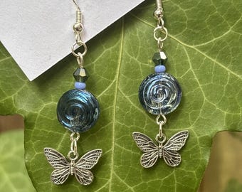 Blue Butterfly Spiral Earrings - Sterling Silver 925 Czech Glass Swirl Jewellery - y2k Fairycore Gift