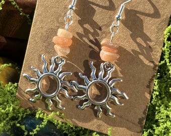 Sunstone Healing Crystal Earrings with Sun Charm Sterling Silver - Witchy gift Celestial Boho