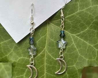 Moon & Stars Czech Glass Earrings - Sterling Silver 925 Celestial Jewellery - y2k Lunar Gift