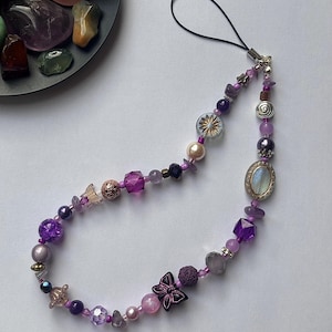 Healing Crystal Phone Charm - Beaded Wrist Strap/Wristlet - Custom Gemstone Gift Amethyst - Purple