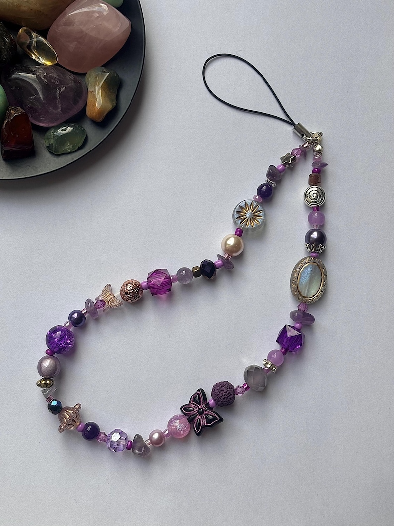 Healing Crystal Phone Charm - Beaded Wrist Strap/Wristlet - Custom Gemstone Gift Amethyst - Purple