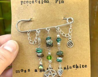 Healing Crystal Protection Pin - Malachite, Moss Agate, Tiger's Eye - Earth Witch Grounding Bag Charm