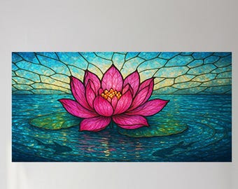 Glass Wall Art of Pink Lotus Flower Stained Glass Style for Calm Zen Decor