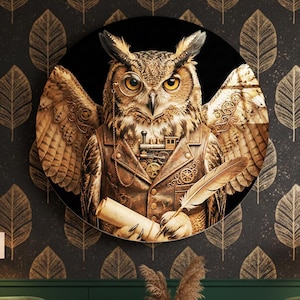 Owl Glass Wall Art Steampunk Animal Portrait for Vintage Industrial Style or Office Decor