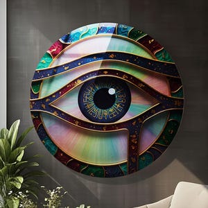 Evil Eye Glass Wall Art Ancient Script Mystical Decor Colorful Spiritual Wall Panel Esoteric