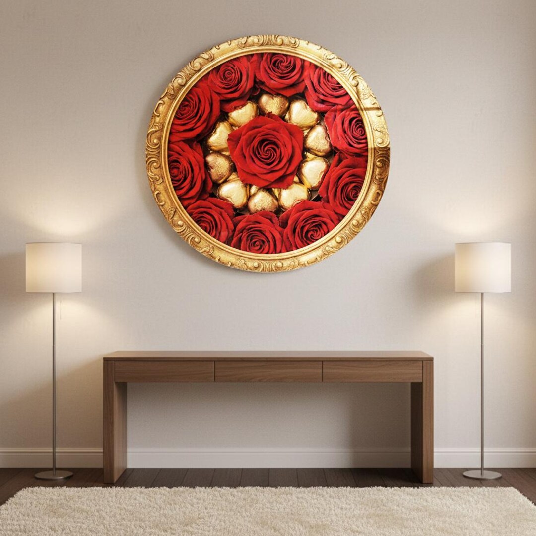 Red Rose Wall Art With Gold Heart Romantic Floral Decor for Elegant ...