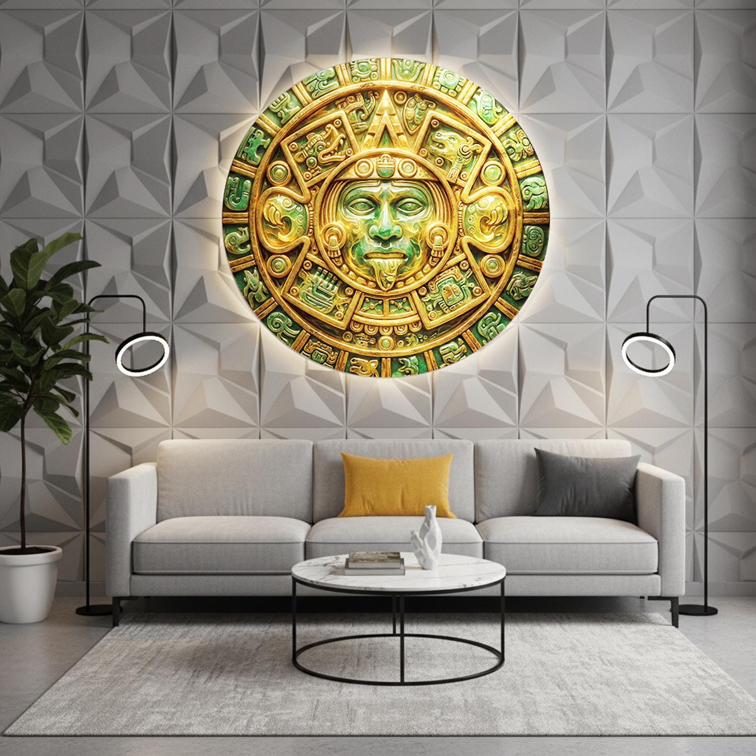 Aztec Calendar Glass Wall Art Gold Green Sun Stone Design, Ancient ...