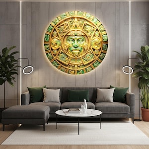 Aztec Calendar Glass Wall Art Gold Green Sun Stone Design, Ancient ...