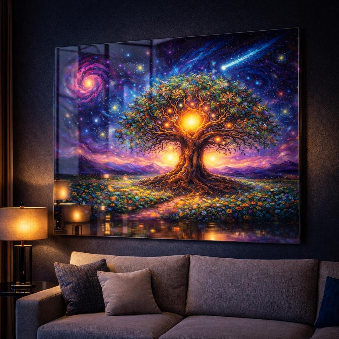 Tree of Life Glass Wall Art: Cosmic Galaxy Spiritual Artwork, Vibrant ...