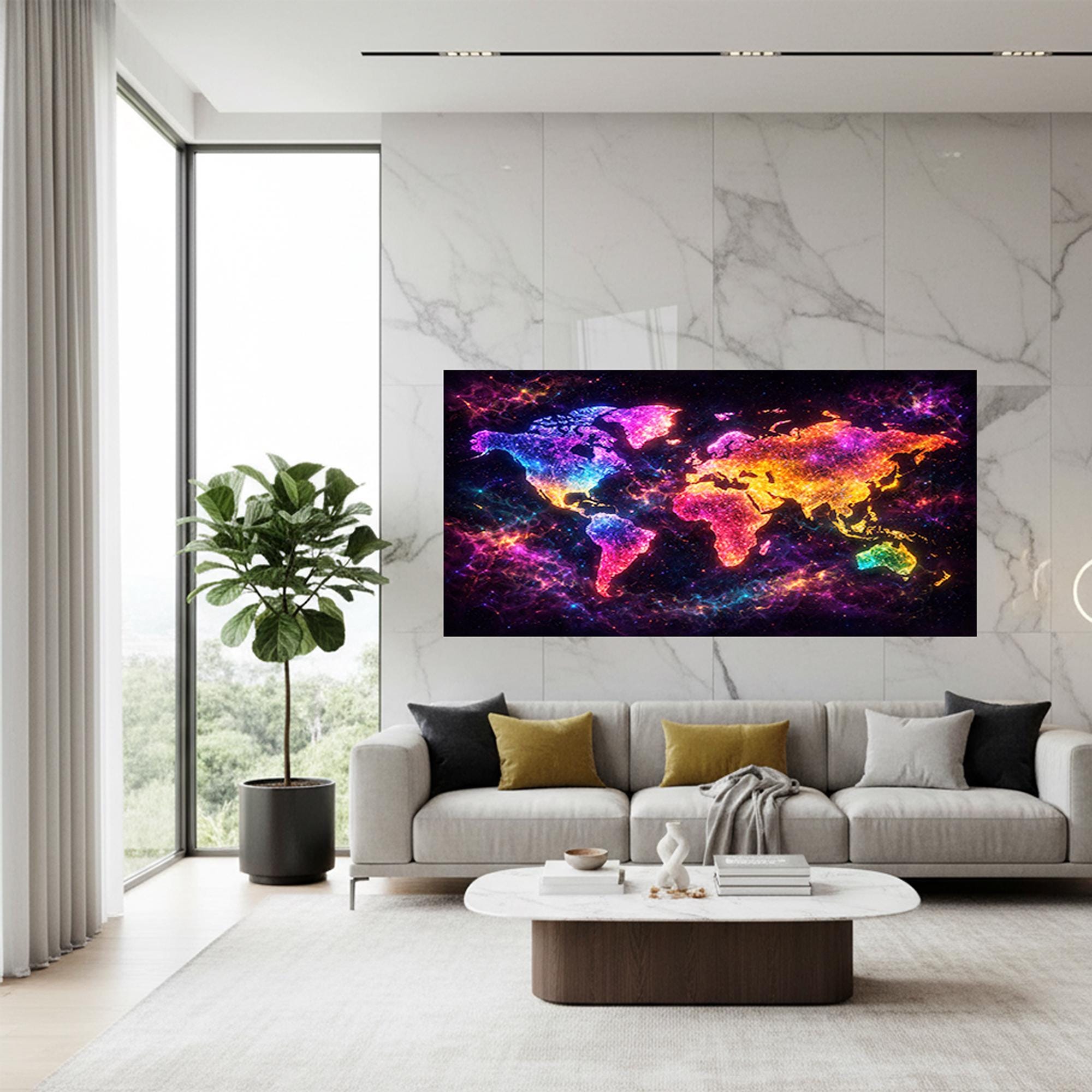 Colorful Neon Abstract World Map Glass Wall Art – Modern Office Decor ...