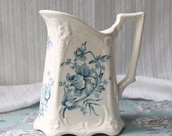 Antique French Jug Blue Floral Transferware 17.5 cm (6.89 in) – Sarreguemines Style Pitcher Rocaille Art Nouveau Farmhouse Decor
