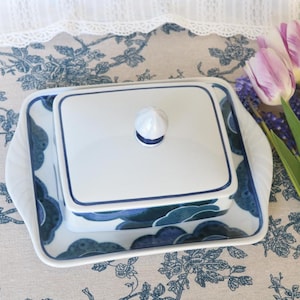 Può includere: Un burriera rettangolare in ceramica con coperchio bianco, bordo blu e un piccolo pomello. Il vassoio di base presenta un motivo a nuvole blu e bianco con bordi smerlati e manici integrati sui lati sinistro e destro dell'oggetto.