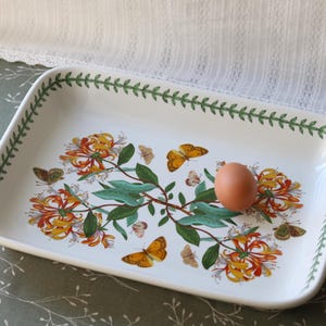 Könnte beinhalten: Eine rechteckige weiße Keramik-Auflaufform mit einer botanischen Illustration von orangefarbenen Geißblattblüten und verschiedenen Schmetterlingen. Ein braunes Ei liegt in der Form, die am Rand mit einem grünen Blattmuster verziert ist.