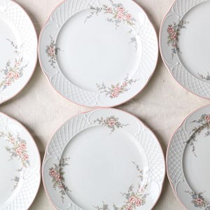 May include: Six white porcelain plates with a pink rim and floral design. The plates have a decorative embossed border and are arranged in two rows of three.