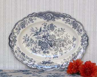 Crown Ducal Bristol English Ironstone Oval Serving Platter 31 cm (12 in) - Blue Transferware Phoenix Birds - 1930s - Excellent Condition