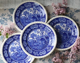 4er Set Villeroy & Boch Rusticana Blau Frühstücksteller 20,5 cm (8 Zoll) - Dessertteller vom Bauernhof - 1940er Jahre - Ausgezeichneter Zustand