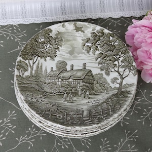 Set med 6 Ridgway "Anne Hathaways stuga" mattallrikar 24,5 cm (9,6 tum) – England, brungrönt transferware 1960-tal – Mycket gott skick