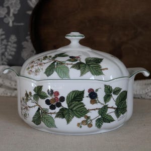 Può includere: Piatto da portata in ceramica bianca con coperchio, con un design botanico di more e foglie. Il piatto ha un bordo smerlato e due manici. Il coperchio ha un piccolo pomello. I bordi verdi accentuano i bordi del piatto e del coperchio.