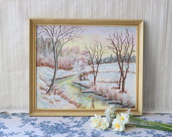 Vintage Winterlandschaft Ölgemälde – Kleine Original Schneeszene 32 × 28 cm (12,6 × 11 in) – Rustikale Landschaftsmalerei