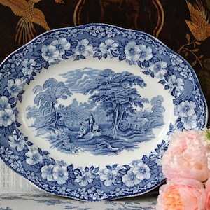 Enoch Wedgwood "Woodland" Blue and White Platter 30.8 cm (12 in) | Landscape Ironstone 1960 to 1980 | Very Good Condition, Light Crazing