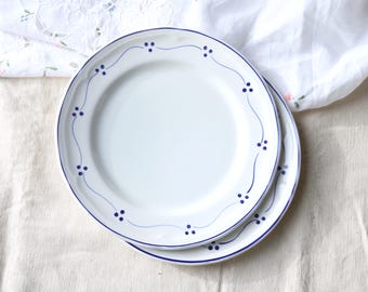 Può includere: Due piatti rotondi in ceramica bianca con un delicato motivo blu dipinto a mano lungo il bordo. Il design è composto da sottili linee blu ondulate che collegano piccoli gruppi di tre punti blu, con una linea blu continua sul bordo.