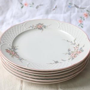 May include: A stack of six white ceramic plates with a floral design. Each plate has a pink rim and a delicate pattern around the edge. The floral design includes pink and blue flowers.