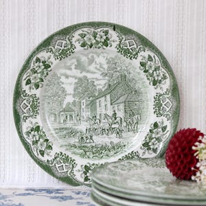 Set med 6 engelska tallrikar i järnsten "Old Inns" gröna middagstallrikar 24,5 cm (9,6 tum) – Utmärkt skick, inga krackeleringar