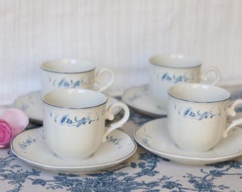 Set of 4 Villeroy & Boch “Val Bleu” Coffee Cups and Saucers 0.2 Liter – Blue Floral Farmhouse – Morning Glory – Saucer Moderate Signs of Use
