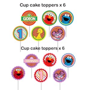 May include: Twelve round cupcake toppers featuring Sesame Street characters including Elmo, Cookie Monster, Big Bird, and Abby Cadabby. The designs include brick wall backgrounds, colorful polka dots, the number one, and personalized names Gideon and Hannah.