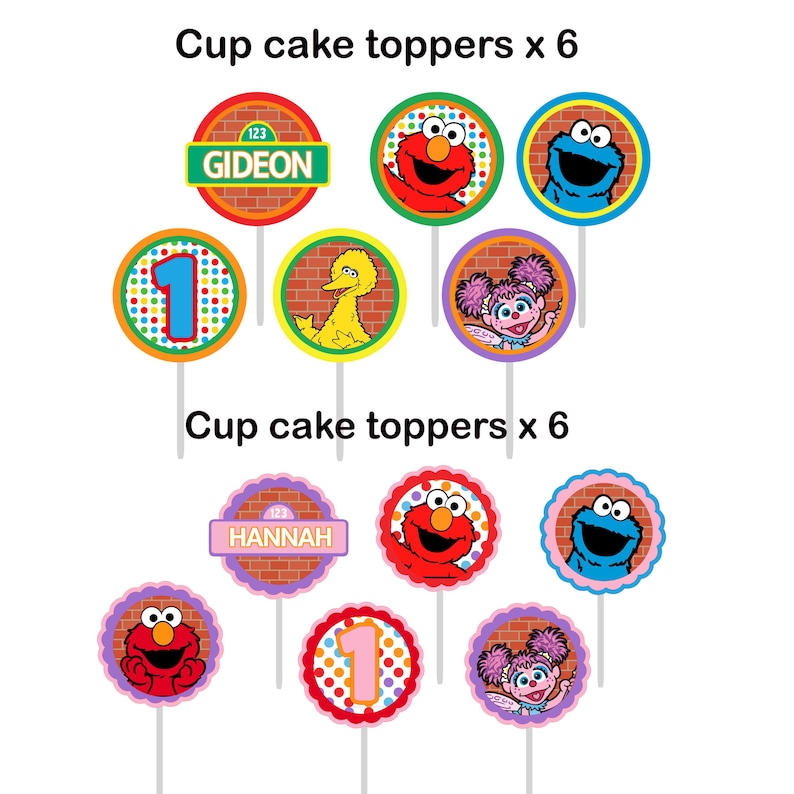 May include: Twelve round cupcake toppers featuring Sesame Street characters including Elmo, Cookie Monster, Big Bird, and Abby Cadabby. The designs include brick wall backgrounds, colorful polka dots, the number one, and personalized names Gideon and Hannah.