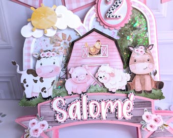 Pink Farm Cake Topper – Personalized Barn Birthday Decoration, Custom Name & Age, Farm Animals Party Decor