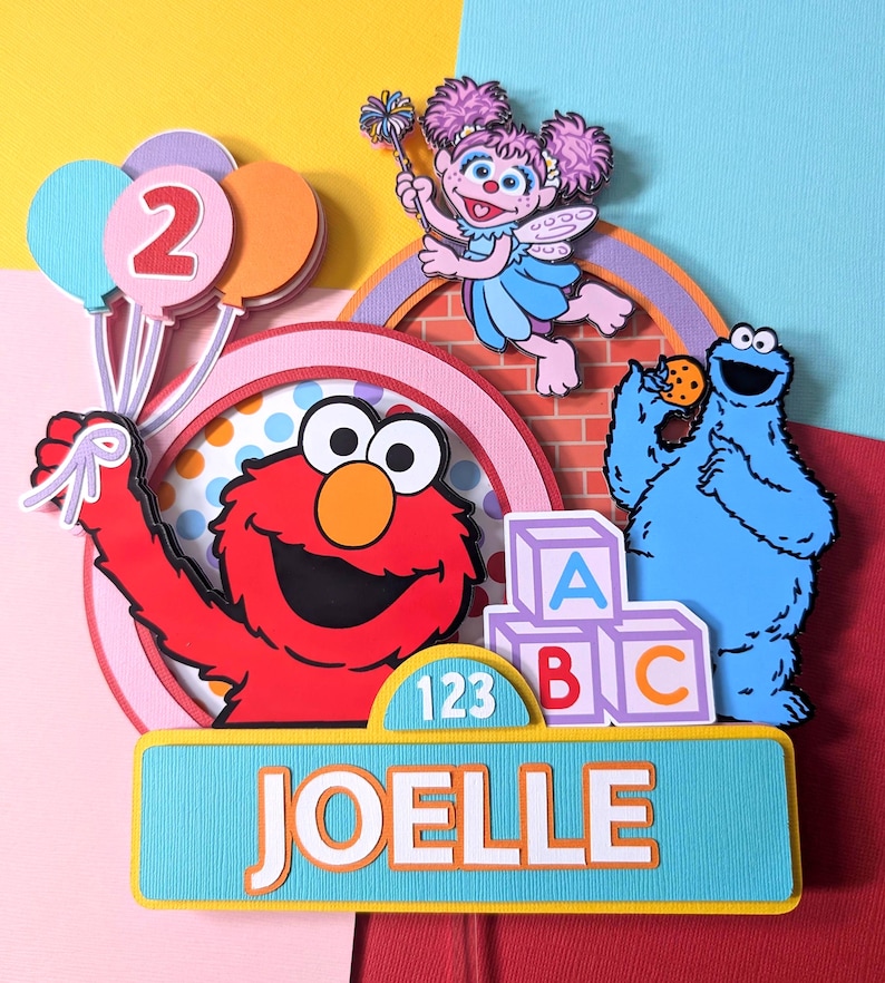 Personalized Sesame Street Cake Topper – Pink Elmo Birthday Cake Topper – Abby Party Decor – Colorful Girl Birthday Cake Decoration Turquoise Name sign