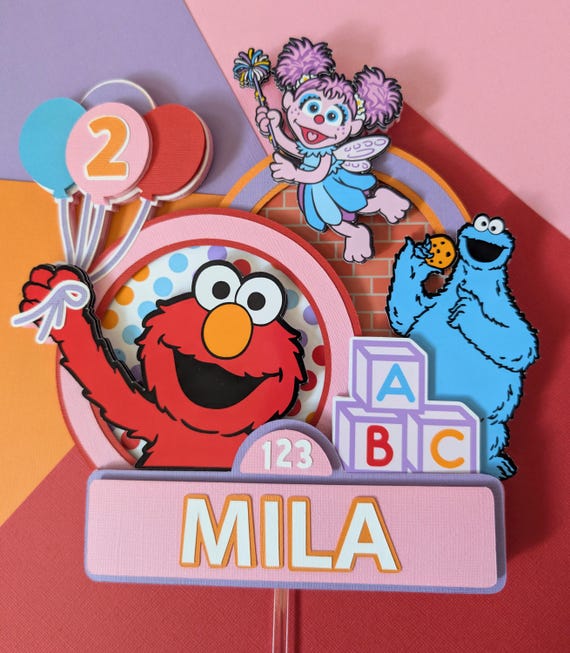 Personalized Sesame Street Cake Topper – Pink Elmo Birthday Cake Topper – Abby Party Decor – Colorful Girl Birthday Cake Decoration