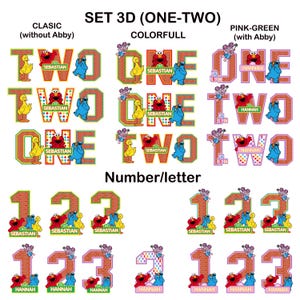 May include: A collection of 3D-style decorative cutouts featuring Sesame Street characters like Elmo, Big Bird, and Cookie Monster. The designs include letters spelling ONE and TWO, and numbers 1, 2, and 3, with personalized name tags.
