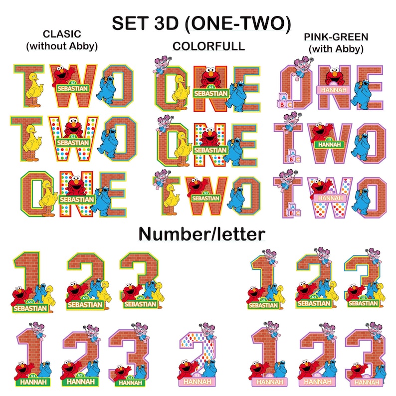 May include: A collection of 3D-style decorative cutouts featuring Sesame Street characters like Elmo, Big Bird, and Cookie Monster. The designs include letters spelling ONE and TWO, and numbers 1, 2, and 3, with personalized name tags.