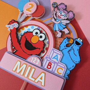 Personalized Sesame Street Cake Topper – Pink Elmo Birthday Cake Topper – Abby Party Decor – Colorful Girl Birthday Cake Decoration zdjęcie 2