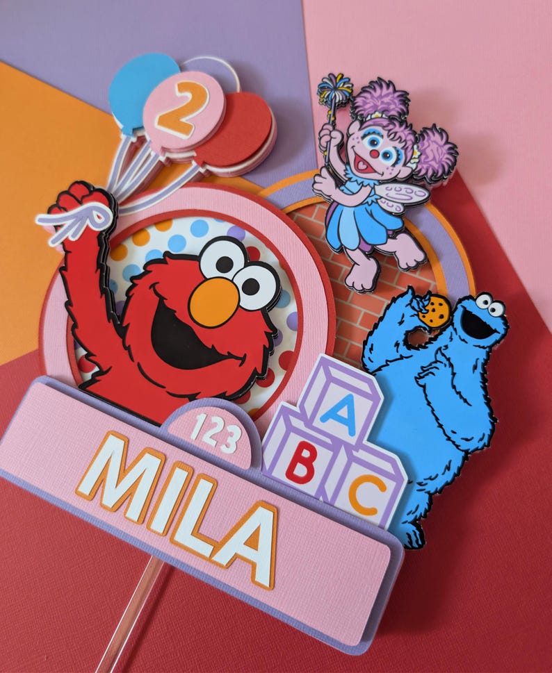 Personalized Sesame Street Cake Topper – Pink Elmo Birthday Cake Topper – Abby Party Decor – Colorful Girl Birthday Cake Decoration zdjęcie 2