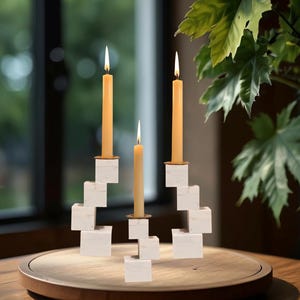 May include: A decorative candle holder with three lit candles. The candles are a light orange color and sit atop a white, geometric structure. The candle holder is on a wooden tray, with a blurred background of a window and greenery.