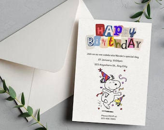 Snoopy Birthday Invitation, Printable Peanuts Card, (Digital Download)
