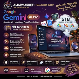 May include: A promotional graphic for Google Gemini AI Pro featuring a laptop and smartphone displaying the Gemini interface. The text includes 18 months digital activation, 5TB cloud storage for Drive, Gmail, and Photos, and the slogan Smarter AI. Hauntingly Good Possibilities.