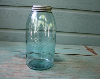 Vintage Turquoise Ball Mason Jar, 1900-1910 Turquoise Ball Mason Jar, Vintage Mason Jar with Zinc Lid, Turquoise Glass, Wedding Decor