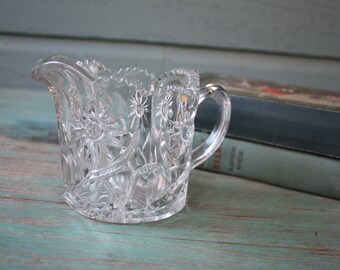 Cut Glass Floral Creamer, Sunflower Decor, Tea Serving, Coffee Serving, Vintage Cut Glass Creamer, Vintage Glass Pitcher, Vintage Glass