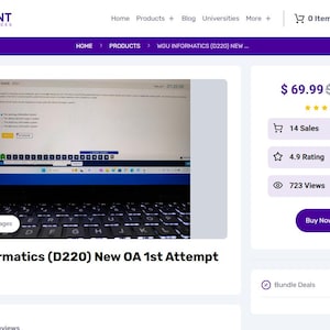 Peut inclure: Une page web affichant un écran d'ordinateur portable avec un test et le texte "WGU informatics (D220) New OA 1st Attempt". La page affiche également les ventes, les évaluations et les vues.