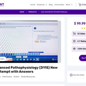 May include: A webpage screenshot displays a computer screen with a test question and answers. The page is titled "WGU Advanced Pathophysiology (D115) New OA 1st Attempt with Answers." The website logo is "STUDENT RESOURCES."