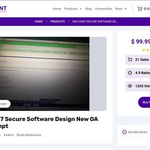 Może przedstawiać: Strona produktu w Student Resources pokazuje "WGU D487 Secure Software Design New OA 1st Attempt". Strona zawiera zrzut ekranu z komputera, informacje o produkcie i przycisk "Kup teraz". Produkt ma 21 sprzedaży i ocenę 4,9 gwiazdki.