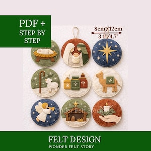 Patrón de costura de fieltro para belén de 3" y 4,7", adornos navideños de fieltro, juego de adornos de fieltro, decoraciones navideñas, patrones de adornos de fieltro