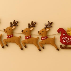 May include: A festive Christmas garland featuring four brown reindeer with red and white collars, and a red sleigh filled with gifts. The reindeer have brown antlers and are strung on a thin twine against a light yellow background.